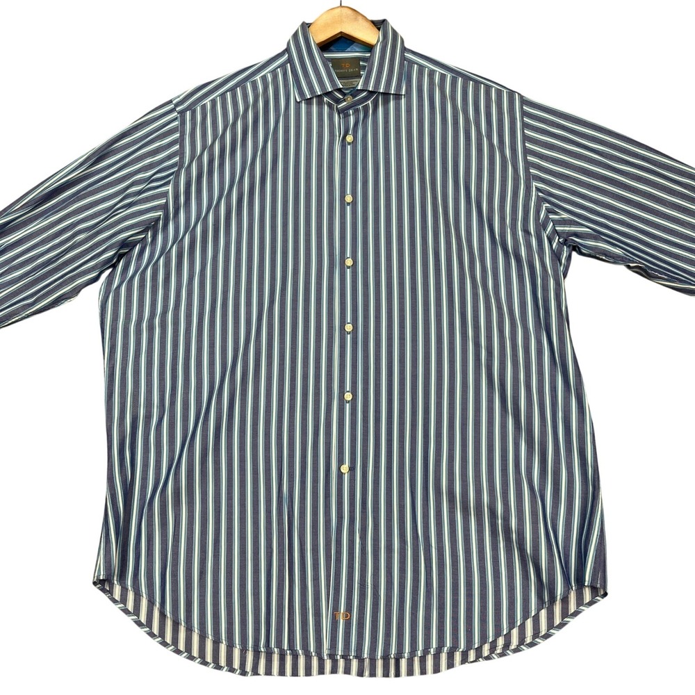 Thomas Dean Button Down Shirt Mens XL Blue White Striped Long Sleeve Flip Cuffs